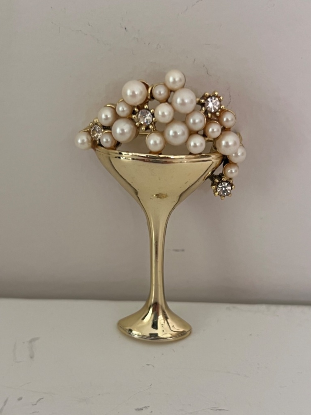 Vintage AJC Champagne Cocktail Glass Brooch Faux Pearl Rhinestone Bubbles Pin